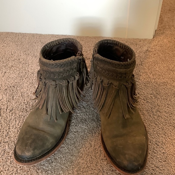 LIBERTY Black Shoes - Liberty Black olive green leAther fringe, Lauren boots. Worn 3x. 7 1/2. $149